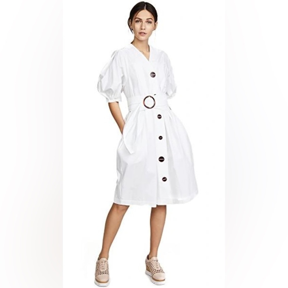 Isa Arfen Belted Poplin Button-down Puff Sleeve Dress In White